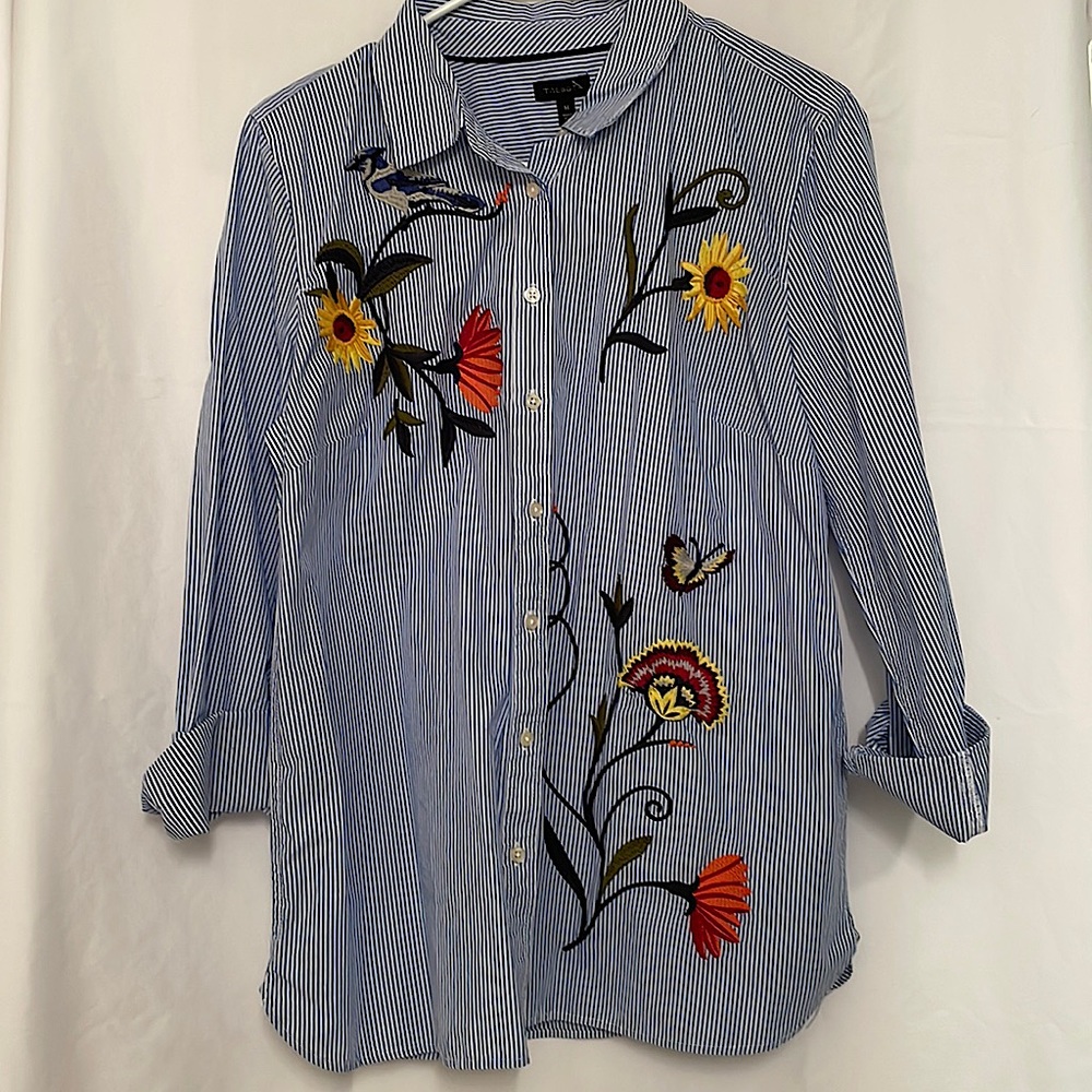 New. Never worn. Talbots Embroidered Striped Blue Button Down Collared Shirt.